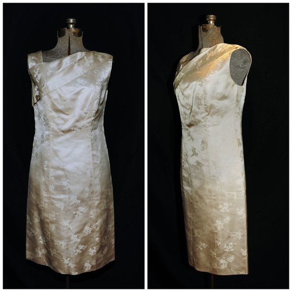 VTG Ivory Satin FloralPrint Cheongsam Sheath Dress - Picture 5 of 13